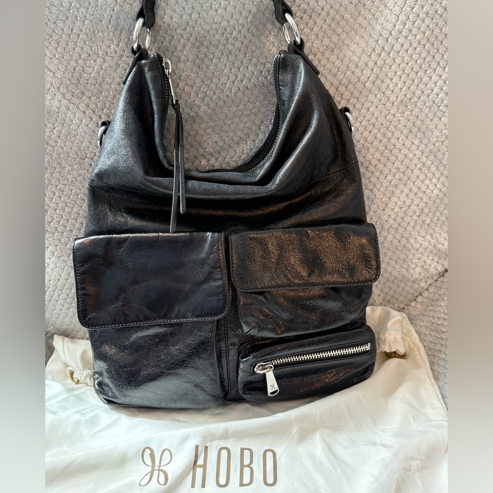 HOBO Black Leather Hobo Bag with Front Pockets